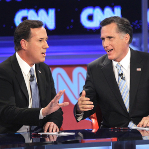 Republican presidential candidates Mitt Romney Rick Santorum argue at ...