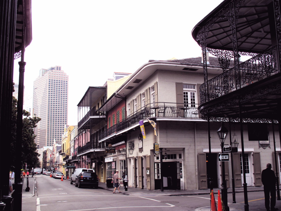 New Orleans' architecture is a blend of 18th and 19th Century Spanish and French influences with modern skyscrapers in the background. 