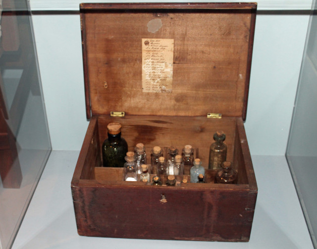 A medicine chest from the early to mid 1800s. Doctors used a variety of drugs at the hospital. Emetics induced vomiting, laxatives caused an evacuation of the bowels, and laudanum, an opium extract, had a calming effect on patients.