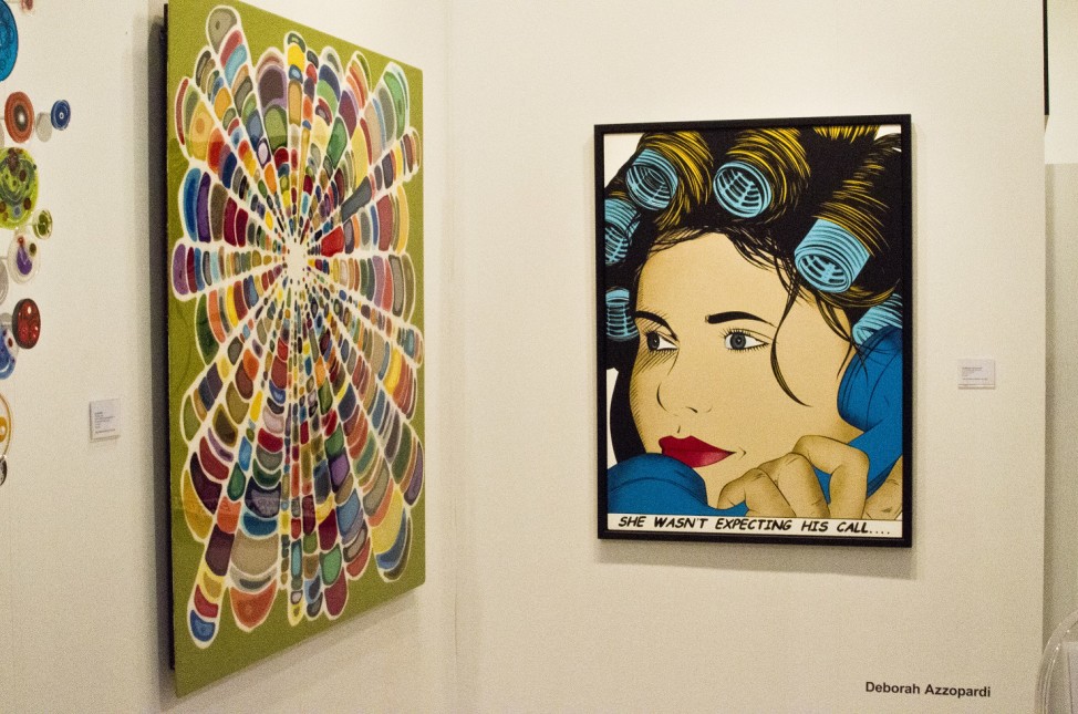 Painting by Deborah Azzopardi (right) at Art Miami, Miami, Florida, Dec., 2014. (Elizabeth Pfotzer/VOA)