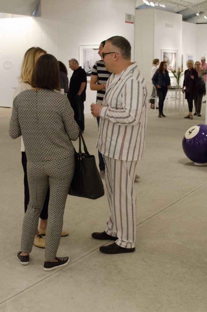 Pajamas as fashion statement, Art Miami, Dec., 2014. (Elizabeth Pfotzer/VOA)