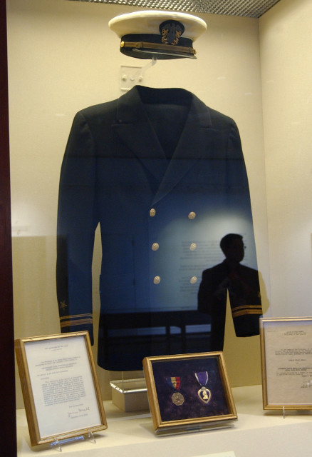 Lt. John F. Kennedy's US Navy uniform on display, May 19, 2005, during the "JFK in World War II" exhibit at the John F. Kennedy Presidential Library and Museum in Boston. (AP Photo)