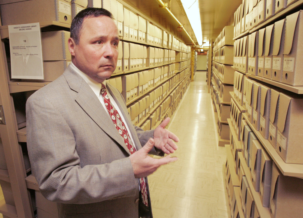 Karl Weissenbach, deputy director of the Eisenhower Library, stands in the archives during a tour Tuesday, Feb. 14, 2006 in Abilene, Kansas. The presidential library holds some 26 million pages of records related to his military career, his presidency and other subjects. (AP Photo)