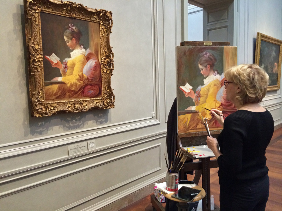 Pamela Jarrett, a full-time artist who has been painting for about 20 years, copies a painting at the National Gallery of Art. 