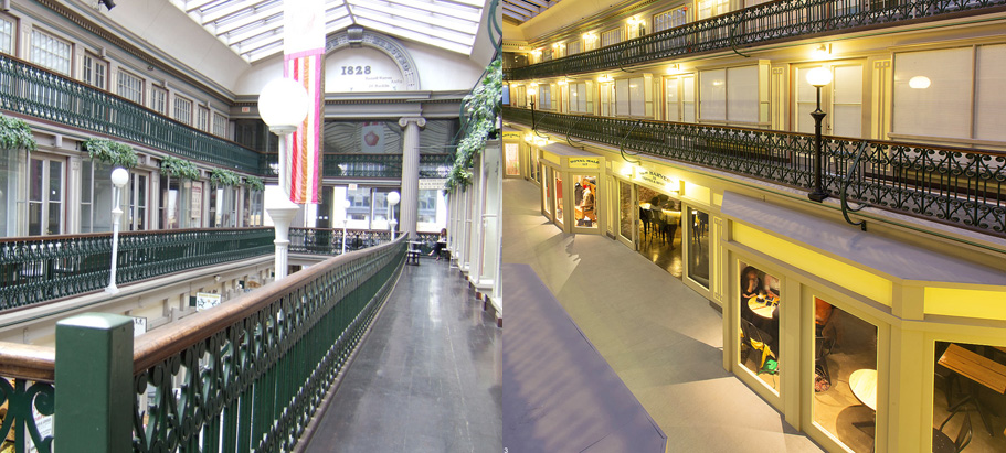 Arcade Providence, America's oldest indoor mall, located in Rhode Island, was transformed into micro apartments on the top floor and shops on the bottom floor. (Photo on left by May via Flickr; photo on right by  Ben Jacobsen courtesy Northeast Collaborative Architects)