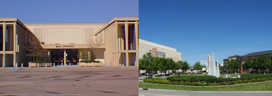 Cinderella City was the largest mall west of the Mississippi when it opened in 1968 in Englewood, Colorado. The retrofitted space is now a walkable urban center called Englewood City, featuring residences, a civic center and retail space. (Photo on left by Amber Case via Flickr, photo on right courtesy of the City of Englewood)