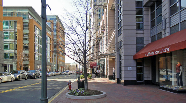 Reston Town Center provides this Washington, D.C. suburb with a walkable urban center, consisting of shops at the ground level and offices and housing on the upper floors. (Photo by Flickr user  Payton Chung under Creative Commons License) 