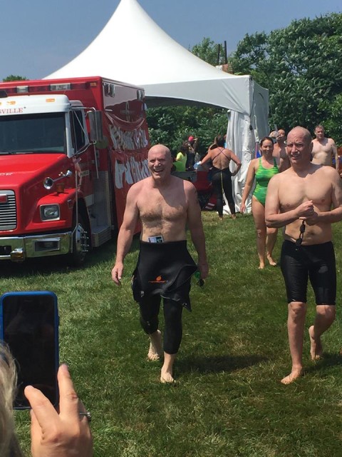 The author (center) after finishing the Great Chesapeake Bay Swim on June 14, 2015. (Photo by Leslie Dembinski) 