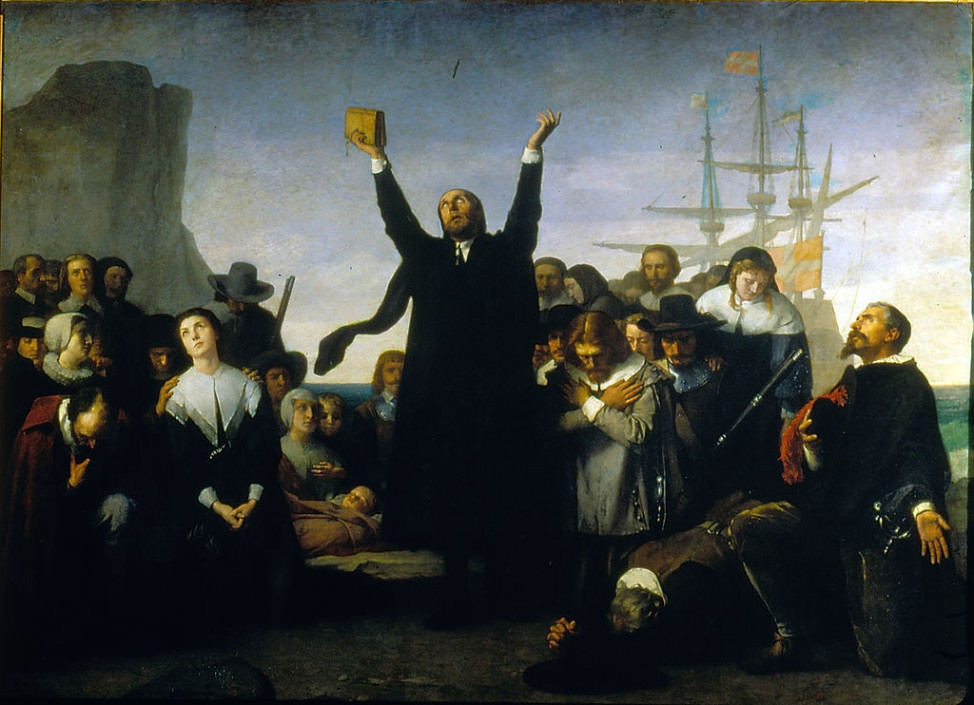 The painting "Desembarco de los Puritanos en America," or "The Arrival of the Pilgrims in America," by Antonio Gisbert (1834-1902) depicts the Puritans landing in America in 1620.  (Public domain via Wikimedia Commons) 