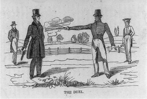 The Duel. Andrew Jackson killing Charles Dickinson. A print of a woodcut. circa 1834.  (Library of Congress) 