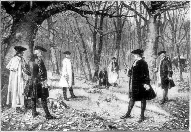 Aaron Burr and Alexander Hamilton face off in a duel of honor. By Illustrator not identified. From a painting by J. Mund. (Public domain via Wikimedia Commons)