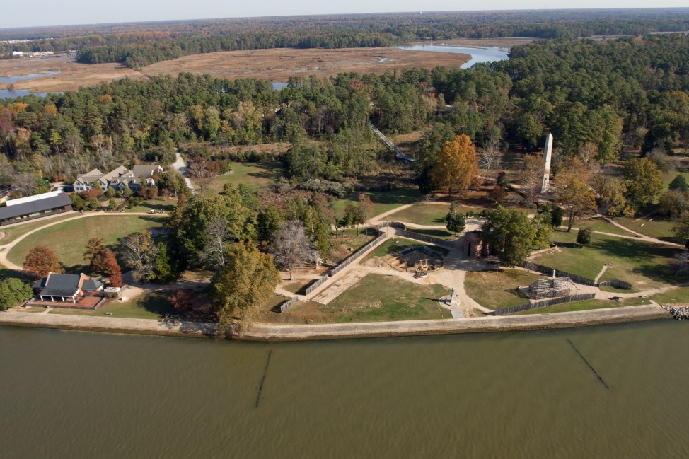 Aerial view of James Fort, Jamestown Island, Virginia. (Courtesy of Jamestown Rediscovery Foundation, Preservation Virginia)