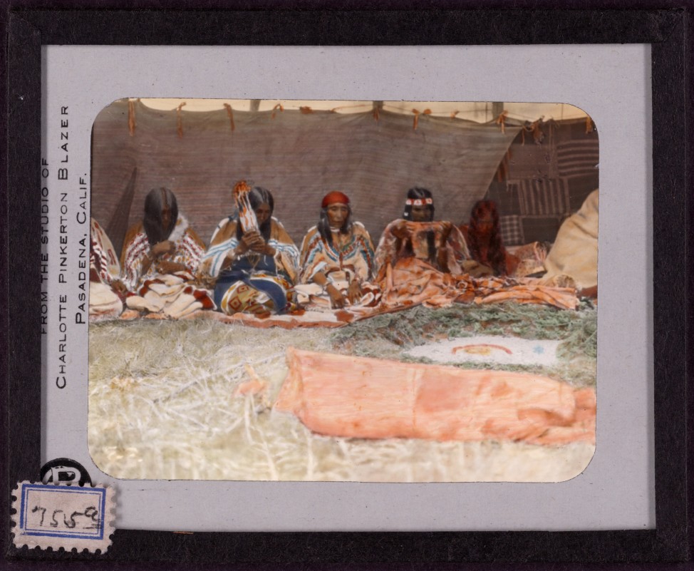 Ceremony of the fasting woman. Hand-painted lantern slide by photographer Walter McClintock (1870-1949) of the Blackfoot Indians of Montana. (Yale Collection of Western Americana, Beinecke Rare Book and Manuscript Library)