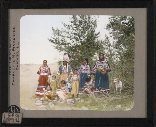 Hand-painted lantern slide by photographer Walter McClintock (1870-1949) of the Blackfoot Indians of Montana. (Yale Collection of Western Americana, Beinecke Rare Book and Manuscript Library)
