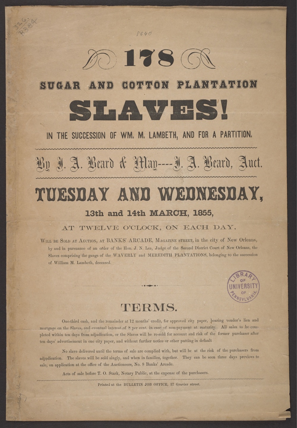 An 1855 pamphlet from J.A. Beard & May in New Orleans (University of Pennsylvania Libraries)