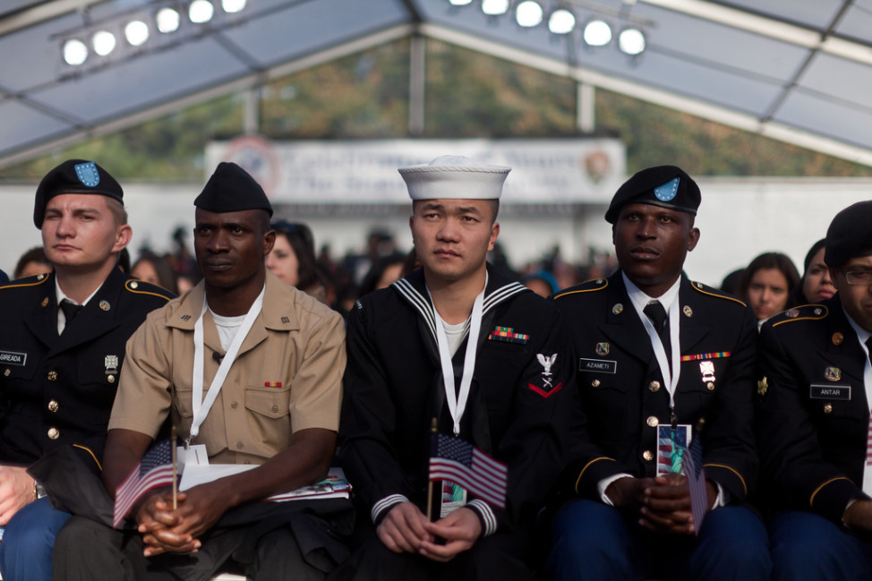 A group of U.S. servicemembers were part of a group of 125 immigrants that received their citizenship on Liberty Island in New York City Oct. 28, 2011.  (DoD photo by Sgt Randall Clinton, U.S. Marine Corps via Flickr)