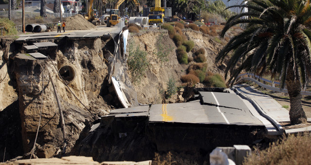 A section of a coastal bluff road collapsed in a heavy rainstorm in 2011's White Point landslide in San Pedro, California. (AP Photo)