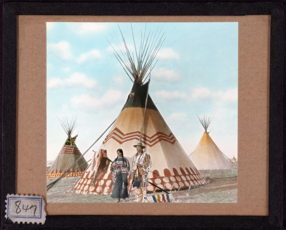 Handpainted lantern slide by photographer Walter McClintock (1870-1949) of the Blackfoot Indians of Montana. (Yale University Library)