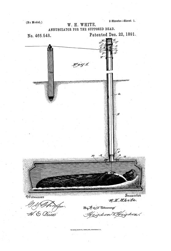 An 1891 patent by William White of Topeka, Kansas for an Annunicator for the Supposed Dead.