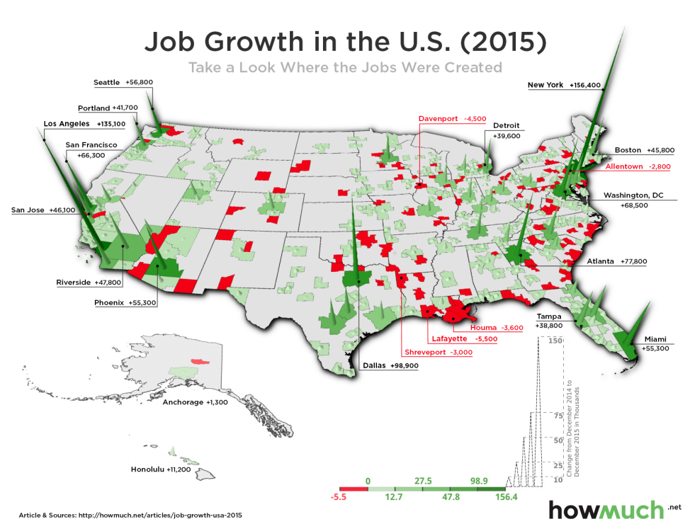 This map uses data from the Bureau of Labor Statistics (BLS) to show the number of new jobs by metropolitan area. (Graphic by HowMuch.net) 