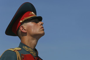 A Russian serviceman takes part in a ceremony to mark the Paratroopers Day in central St. Petersburg
