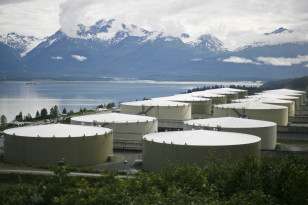 A field of 14 storage tanks that each hold 510,000bbls of oil can be seen at the Trans-Alaska Pipeline Marine Terminal in Valdez, Alaska