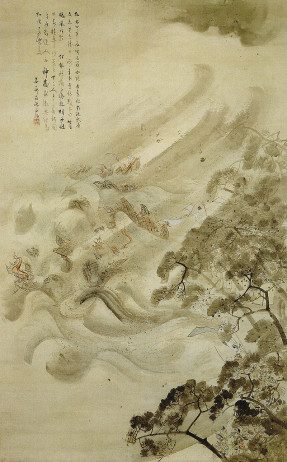 Monqol donanmasını tayfun darmadağın edir. Kikuçi Yosai, 1847. 