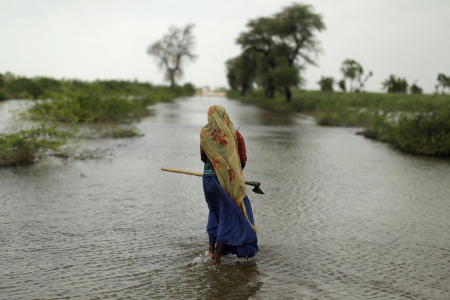 A Pakistani woman displaced by the floods walks along a flooded road holding an axe to cut wood, in Digri district near Hyderabad, Pakistan. (AP)