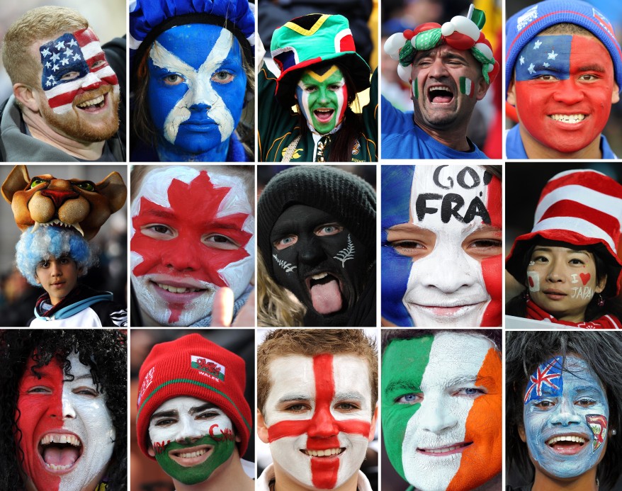 Combo picture shows fans wearing face paint with the colors of the 15 out of 20 countries participating in the 2011 Rugby World Cup. (AFP)