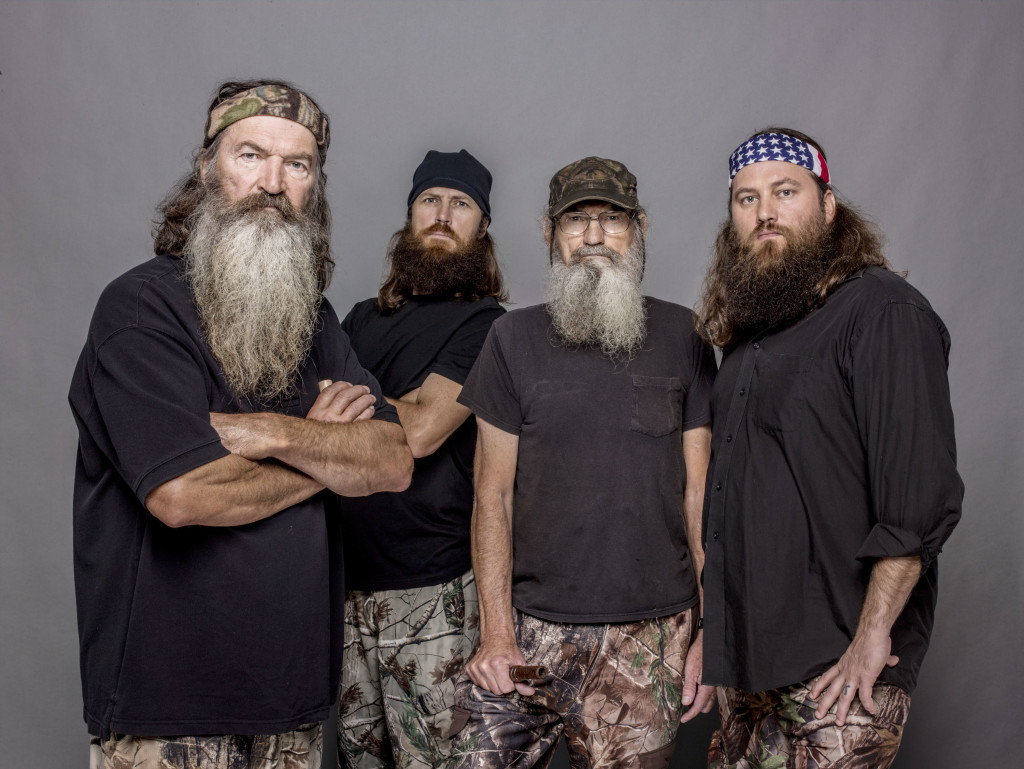 This 2012 photo released by A&E shows, from left, Phil Robertson, Jase Robertson, Si Robertson and Willie Robertson from the A&E series, "Duck Dynasty."  (AP Photo/A&E, Zach Dilgard)