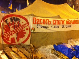 On a tent in Kyiv's Maidan Square, the symbol, alluding to Moscow, reads: "Stop Slavery." VOA Photo: James Brooke