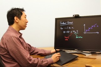 Computer Science professor Andrew Ng uses tablet-recording technology he developed to instantly display notes for his interactive video lecture. (Photo: Stanford University/Morgan Quigley)