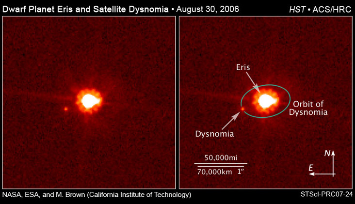 On 30 Aug 2006 the Hubble Space Telescope and the Keck Observatory took images of Dysnomia's movement (Photo: NASA/ESA and M. Brown (Caltech))