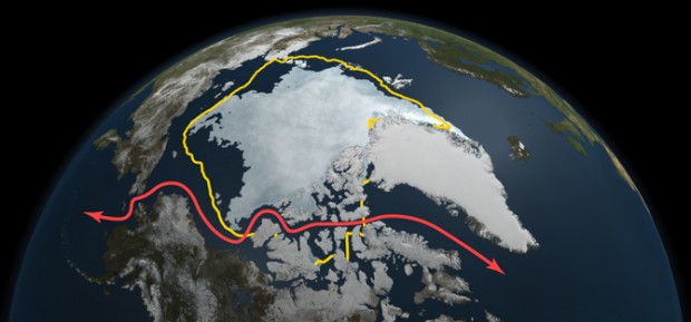 NASA satellite data reveals how this year's minimum sea ice extent, reached on Sept. 9 as depicted here, declined to a level far smaller than the 30-year average (in yellow) and opened up Northwest Passage shipping lanes (in red). (Graphic: NASA Goddard's Scientific Visualization Studio)