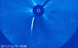 This coronagraph image from the Solar and Heliospheric Observatory shows Comet Lovejoy receding from the sun after its close encounter. The horizontal lines through the comet's nucleus are digital artifacts caused by saturation of the detector; Lovejoy is that bright! Click on image to view animated version. (Image: NASA)