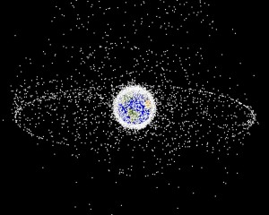 Orbital debris graphic that was computer generated from a distant oblique vantage point to provide a good view of the object population in the geosynchronous region (around 35,785 km altitude). (Photo: NASA Orbital Debris Program Office)