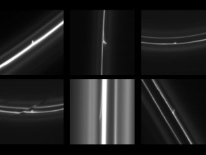 This set of six images obtained by NASA's Cassini spacecraft shows trails that were dragged out from Saturn's F ring by objects about 1 kilometer in diameter. (Photo: NASA/JPL-Caltech/SSI/QMUL ) (Click image for larger view)