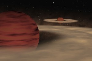 Artist's impression of what a rogue double system of planetary objects might look like. While the two planetary objects do not orbit around a star, they do appear to circle each other instead. (Image: ESO)