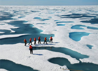 The shallow but extensive ponds that form on Arctic sea ice when its snow cover melts in the summer. (US Army)