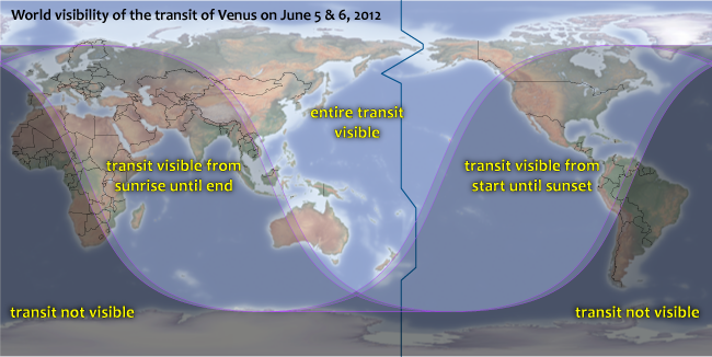 World map show visibility of transit of Venus on June 5-6, 2012. (Map: Michael Zeiler)
