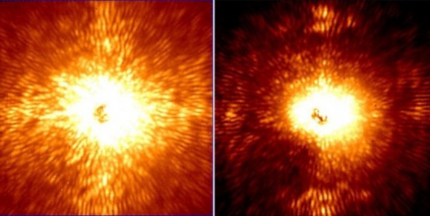These two images show HD 157728, a nearby star 1.5 times larger than the sun. Its light has been mostly removed by an adaptive optics system and coronagraph belonging to Project 1640. The left, image was made without the ultra-precise starlight control that Project 1640 is capable of, while the right image was made while the starlight control was in place. (Images: Project 1640)