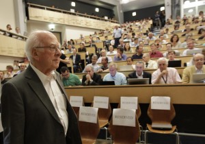Physicist Peter Higgs arrives at a seminar, July 4, 2013 at CERN where it was announced that a new subatomic particle, said be consistent with the long-sought Higgs boson, had been discovered. (Photo: AP Photo/Denis Balibouse, Pool)