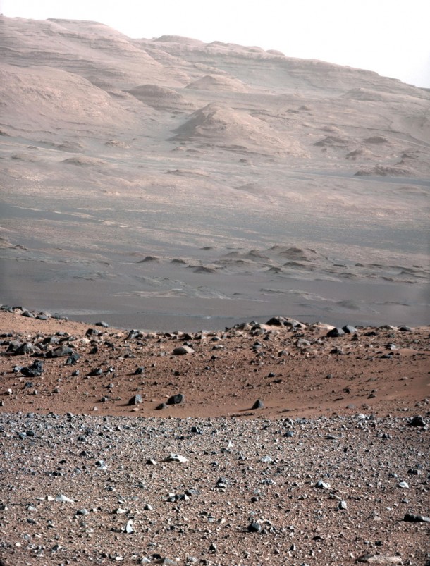 Photo was taken to test the 100-mm Mast Camera on NASA's Curiosity rover. Up close in the image is the gravelly area around the rover's landing site in the distance is Mt. Sharp, Curiosity's eventual destination. (Photo: NASA/JPL-Caltech/MSSS)