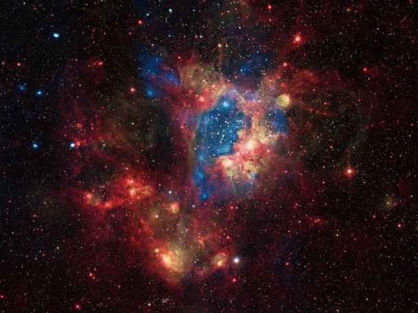 A composite image taken by NASA's Chandra X-ray Observatory shows a superbubble in the Large Magellanic Cloud (LMC), The massive stars produce intense radiation, expel matter at high speeds, and race through their evolution to explode as supernovas. The winds and supernova shock waves carve out huge  cavities called superbubbles in the surrounding gas. (Photo: NASA)