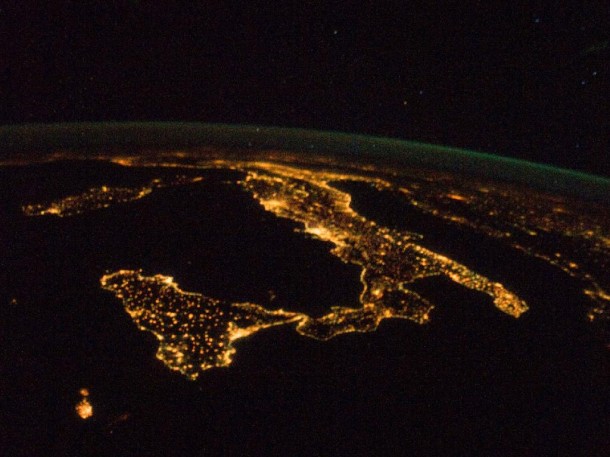 The famous "boot" shape of Italy is illuminated by the country's night lights.  Photo taken aboard the International Space Station. You can also see Sardinia and Corsica are just above left center of the photo, and Sicily is at lower left. (Photo: NASA)