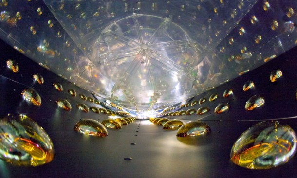 The interior of the neutrino detector at Daya Bay in the People's Republic of China, where a multinational team of researchers from China, the United States, Taiwan, and the Czech Republic are studying neutrino oscillations. Neutrinos are electrically neutral elementary subatomic particles that can travel through great distances of matter without being affected by it.  (Photo: Lawrence Berkeley National Laboratory)
