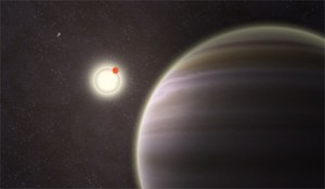 Artist's rendition of newly discovered circumbinary planet PH1 that orbits two suns (upper left) and is some 5,000 light years from Earth. (Image: Haven Giguere/Yale)