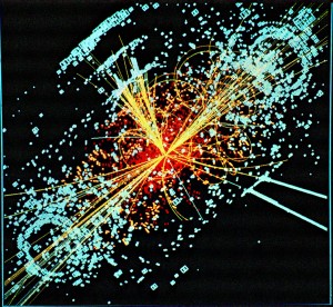 In a simulated data model, a Higgs boson is produced which decays into two jets of hadrons and two electrons. (Photo: CERN)