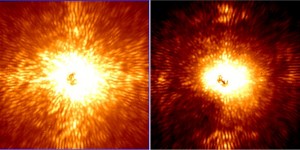 Demonstration of Project 1640's light control system. Left image is star without new system - Right image is star with filtration that allows objects up to 10 million times fainter than the star to be seen (Images: Project 1640)