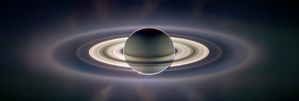 Saturn and its rings in a composite image taken by the wide-angle camera on the Cassini spacecraft over nearly three and by digitally compositing ultraviolet, infrared, and clear-filter images and then adjusting the final image to resemble natural color. (NASA)